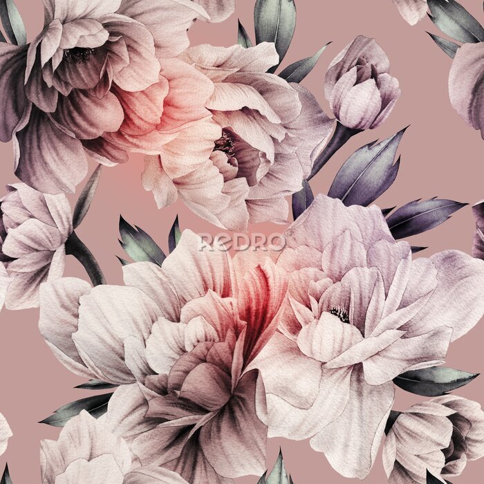 Fotobehang Seamless floral pattern with peonies flowers on summer background, watercolor illustration. Template design for textiles, interior, clothes, wallpaper