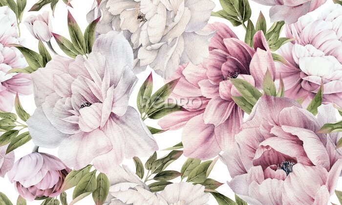Fotobehang Seamless floral pattern with peonies on summer background, watercolor illustration. Template design for textiles, interior, clothes, wallpaper