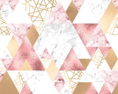 Behang Seamless geometric pattern with metallic lines, rose gold, gray and pink marble triangles