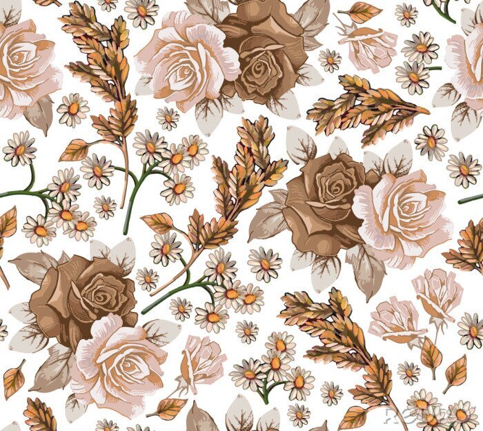 Fotobehang Seamless pattern. Chamomile Roses Ears wildflowers. Beautiful blooming realistic isolated flowers. Vintage background fabric. Wallpaper baroque Drawing engraving sketch. Vector victorian illustration.