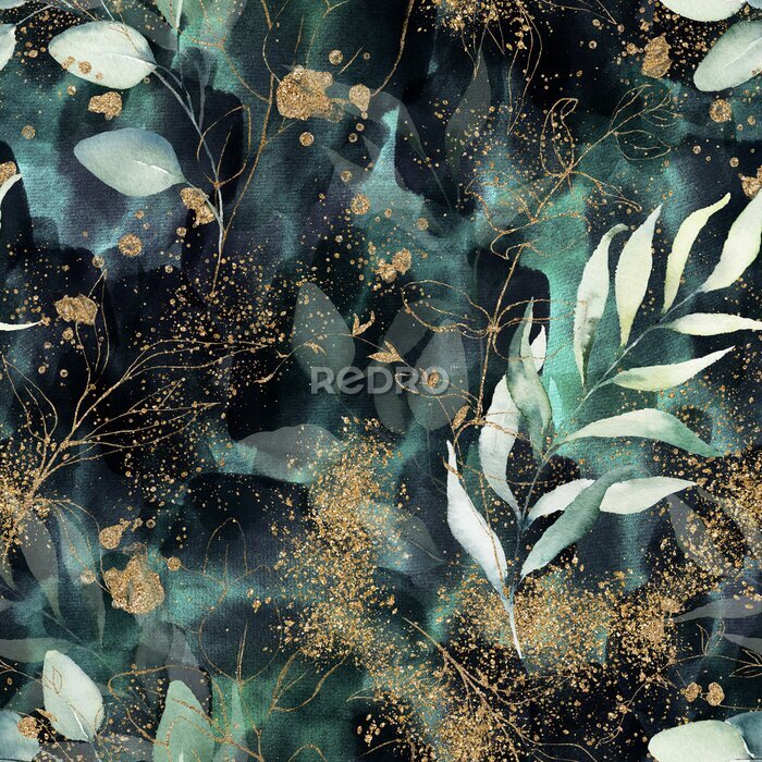 Fotobehang Seamless pattern. Floral branch on gold, dark, navy, purple, emerald, green and turquoise watercolor texture design. Rough brush stroke. Illustration. Liquid, water, fluid, cloud, abstract background.