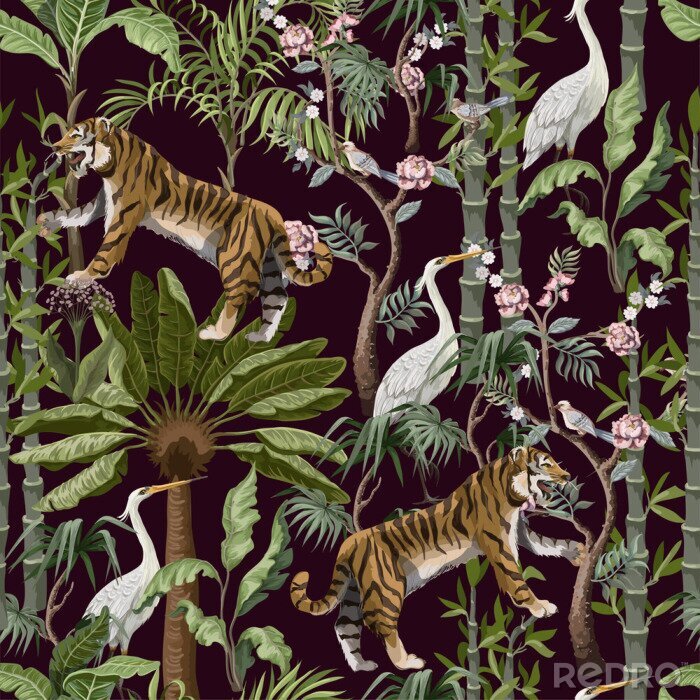 Fotobehang Seamless pattern in chinoiserie style with tiger, heron and jungle trees.