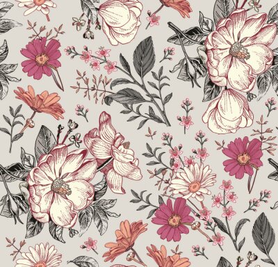 Fotobehang Seamless pattern. Realistic blooming isolated flowers Vintage fabric background. Beautiful Rosehip chamomile croton wildflowers. Wallpaper baroque. Drawing engraving. Vector victorian Illustration
