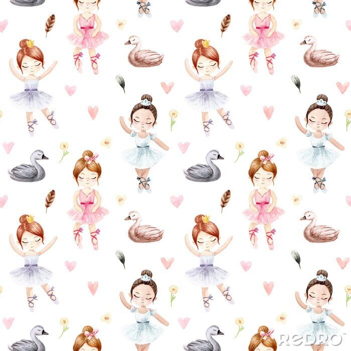 Fotobehang Seamless pattern. Watercolor ballerina. Hand painted illustration isolated white background.