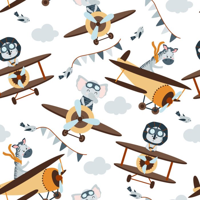 Fotobehang seamless pattern with aviator animals in the sky - vector illustration, eps