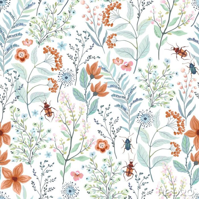 Fotobehang Seamless pattern with brown and turquoise beetles, abstract flowers, branches, leaves. Vector floral illustration on white background. Cute template for swatch.