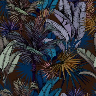 Seamless pattern with colorful tropical leaves on dark blue background. Hand drawn vector illustration.