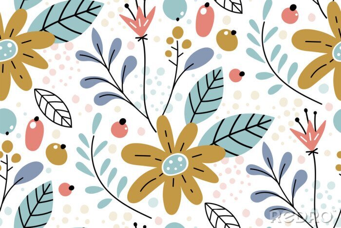 Fotobehang Seamless pattern with creative decorative flowers in scandinavian style.