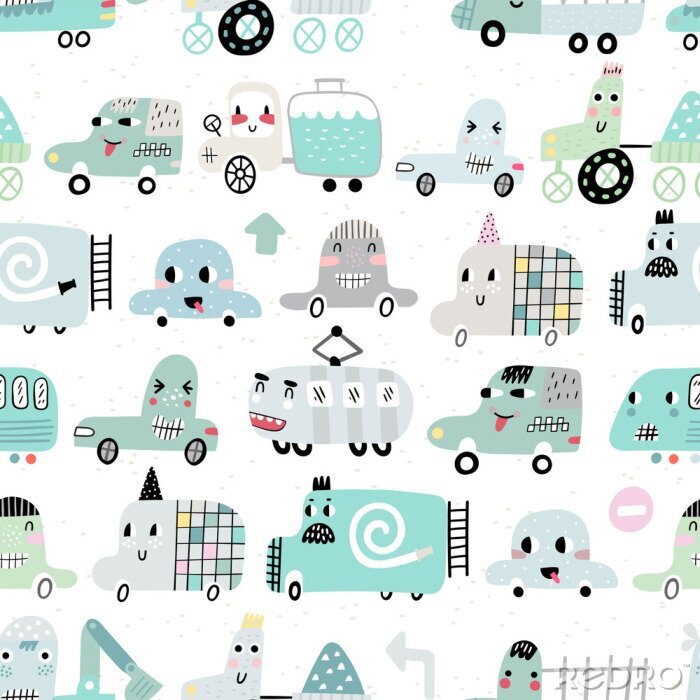 Fotobehang Seamless pattern with cute cars. Cartoon cars. Perfect for kids fabric, textile, nursery wallpaper. Vector Illustration.