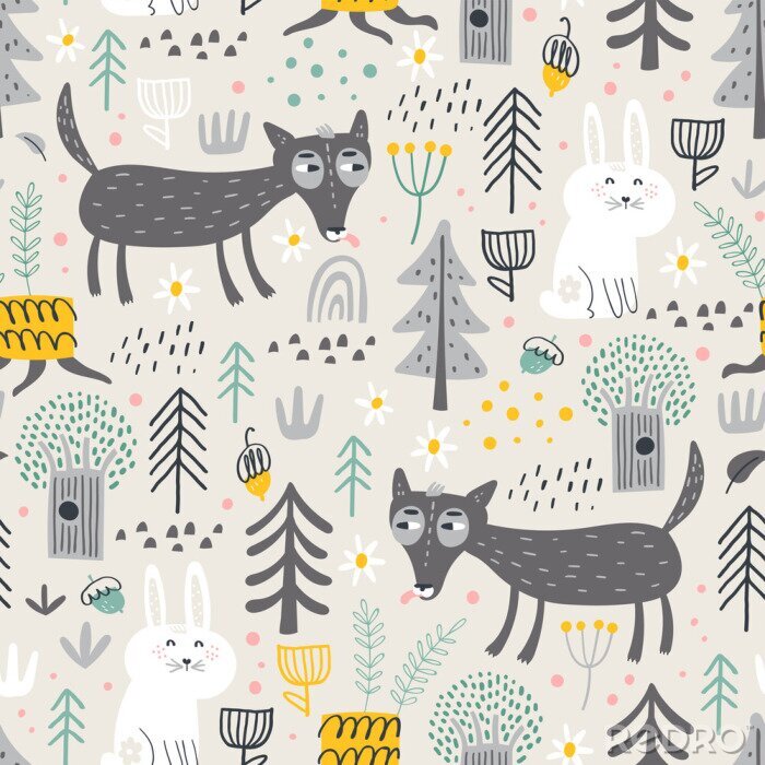 Fotobehang Seamless pattern with cute wolf and white bunny in the forest . Vector background for children. Scandinavian style.