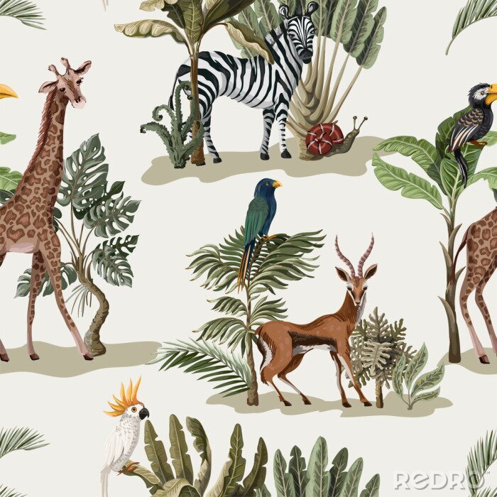 Fotobehang Seamless pattern with exotic trees and animals. Interior vintage wallpaper.