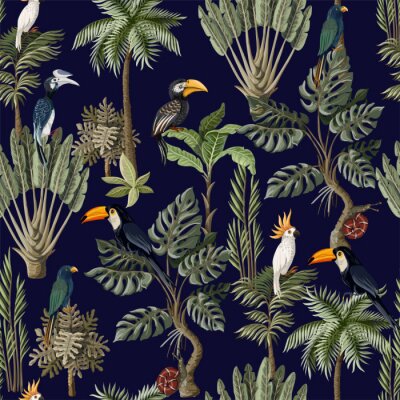 Behang Seamless pattern with exotic trees and animals. Interior vintage wallpaper.