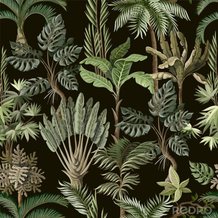 Fotobehang Seamless pattern with exotic trees such us palm, monstera and banana. Interior vintage wallpaper.