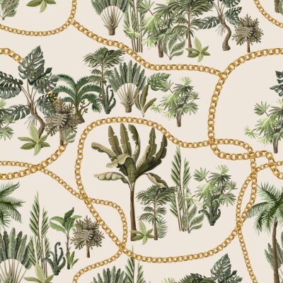 Seamless pattern with exotic trees such us palm, monstera and banana with chains.