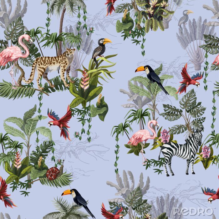 Fotobehang Seamless pattern with jungle animals, flowers and trees. Vector.
