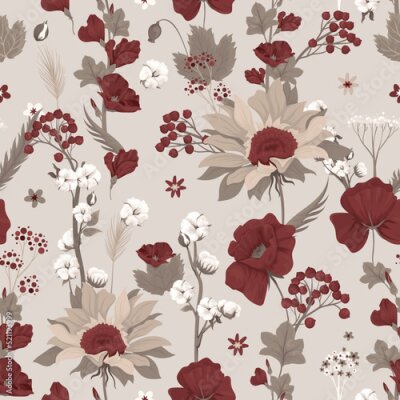 Fotobehang Seamless pattern with red flowers on a beige background