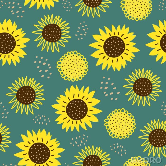 Fotobehang Seamless pattern with sun flowers. Cute hand drawn cartoon childish drawing style. Colorful background with ink texture vector illustration, good for fashion textile print.