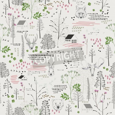 Fotobehang Seamless pattern with trees, shrubs, foliage, deer, elk, fox, bear, rabbit, rabbit, animals on light background in vintage style. Background for fabric, scrapbooking in hipster style. Hand drawing.