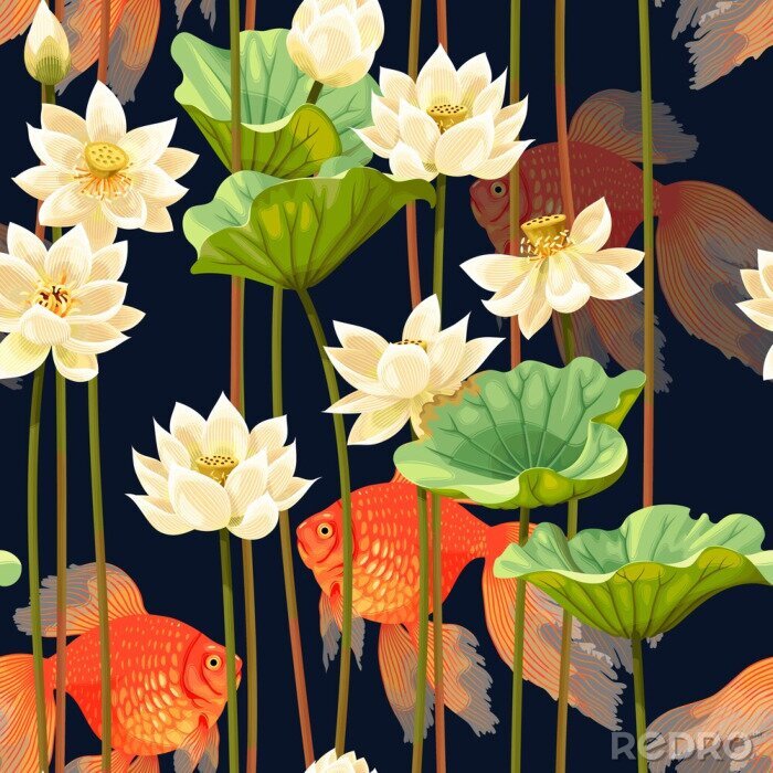 Fotobehang Seamless pattern with white lotus and fish