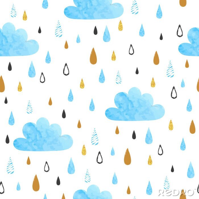Fotobehang Seamless vector pattern with watercolor clouds and rain drops.