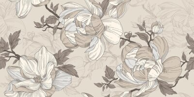 Fotobehang Seamless wallpaper pattern. Beige and silver flowers, leaves and branches. Textile composition, hand drawn style print.