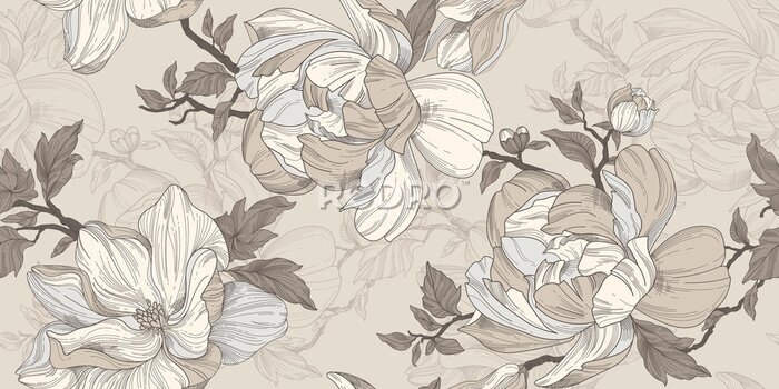 Fotobehang Seamless wallpaper pattern. Beige and silver flowers, leaves and branches. Textile composition, hand drawn style print.
