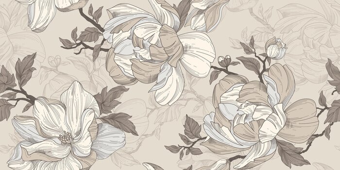 Fotobehang Seamless wallpaper pattern. Beige and silver flowers, leaves and branches. Textile composition, hand drawn style print.