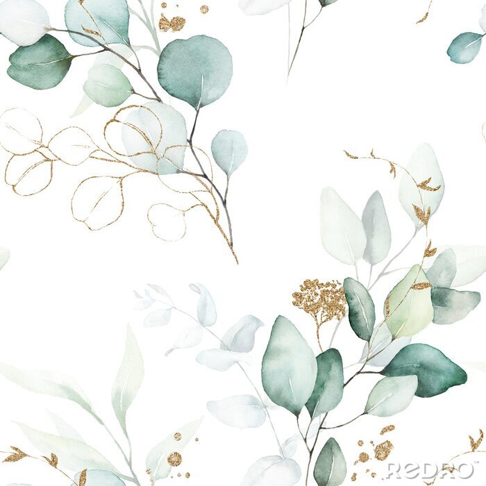 Fotobehang Seamless watercolor floral pattern - green & gold leaves, branches composition on white background, perfect for wrappers, wallpapers, postcards, greeting cards, wedding invitations, romantic events.