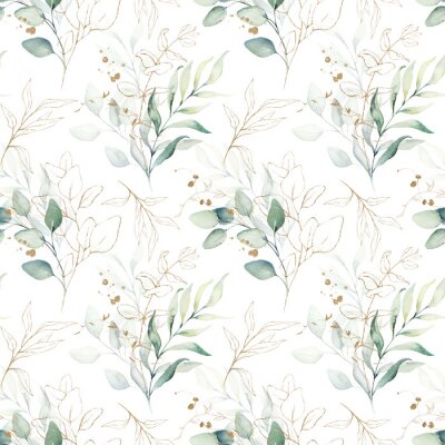Behang Seamless watercolor floral pattern - green & gold leaves, branches composition on white background, perfect for wrappers, wallpapers, postcards, greeting cards, wedding invitations, romantic events.