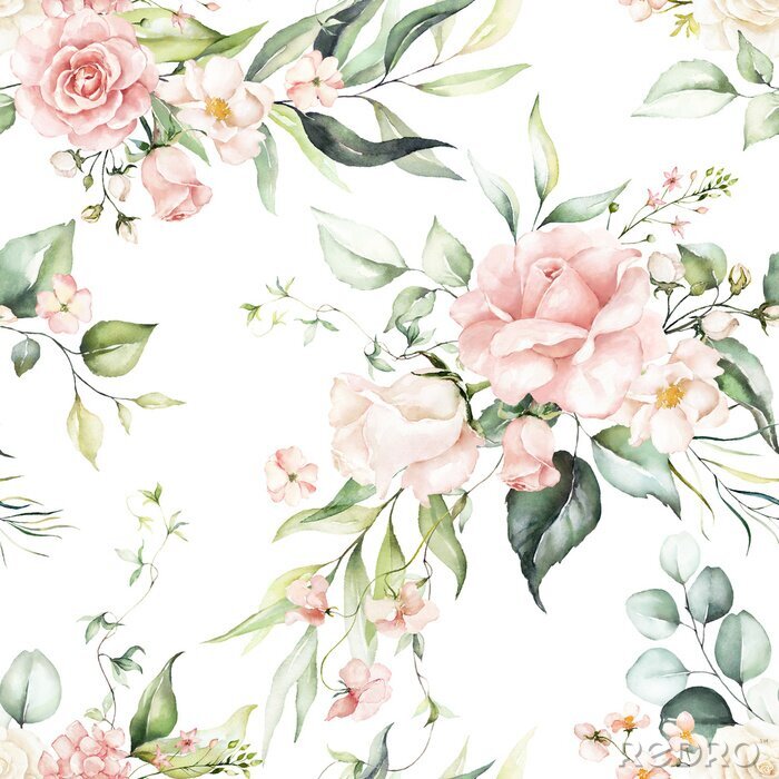 Fotobehang Seamless watercolor floral pattern - pink flowers, green leaves & branches on white background; for wrappers, wallpapers, postcards, greeting cards, wedding invitations, romantic events.