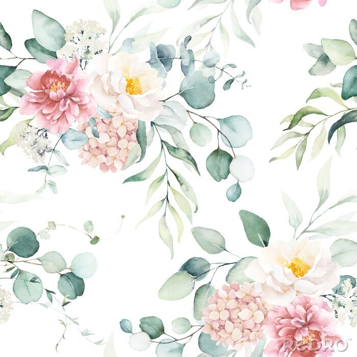 Fotobehang Seamless watercolor floral pattern with pink & peach cream flowers, leaves composition on white background, perfect for wrappers, wallpapers, postcards, greeting cards, wedding invitations, events.