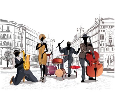 Serie van de straten met muzikanten in de oude stad.