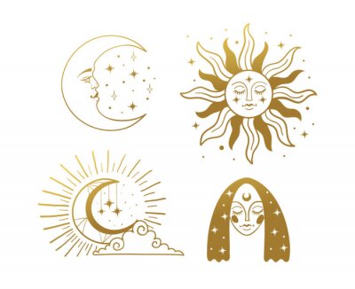 Set of beautiful golden mystical elements in boho style, sun and crescent with a face, the moon, a female face with stars. Elements for design, tattoo, sticker. Linear vector illustration isolated on