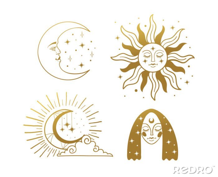 Fotobehang Set of beautiful golden mystical elements in boho style, sun and crescent with a face, the moon, a female face with stars. Elements for design, tattoo, sticker. Linear vector illustration isolated on