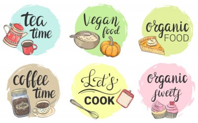 Fotobehang Set of round stickers with food and utensils. Coffee time, tea time, vegan food, let's cook, organic food, organic sweets