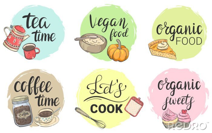 Fotobehang Set of round stickers with food and utensils. Coffee time, tea time, vegan food, let's cook, organic food, organic sweets