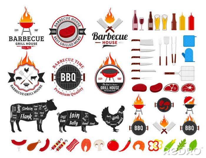 Fotobehang Set of vector barbecue logo, labels and icons