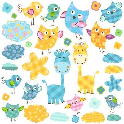 Set van kleurrijke grafische vogels giraffen wolken