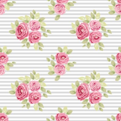 Behang Shabby stijl boeketten rozen op een gestreepte achtergrond