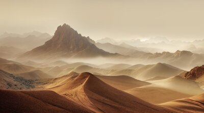 Fotobehang Silhouetten van de bergen in de mist