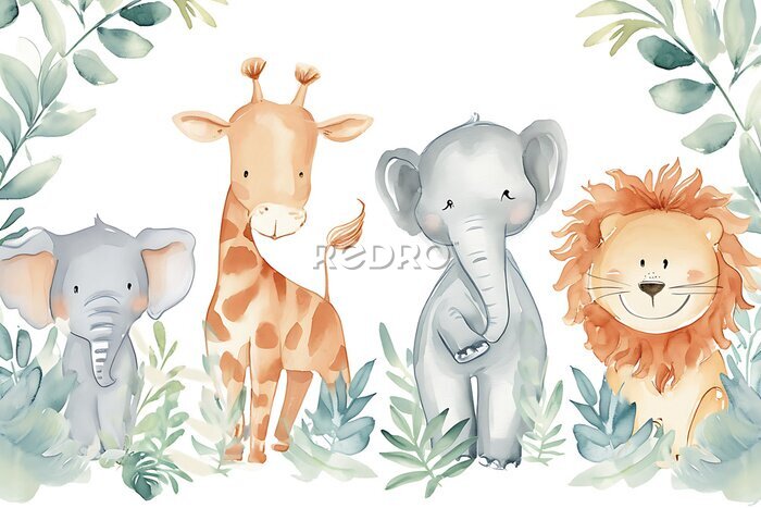 Fotobehang simple minimalistic flat style of watercolor sketch of cute cartoon::1

baby elephant, giraffe, lion, zebra], print for nursery room, duotone, pastel colors, pastel blue, pastel grey, white background