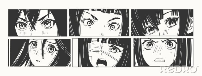 Fotobehang Six pairs of Asian Eyes look. Manga style. Japanese cartoon Comic concept. Anime characters. Hand drawn trendy Vector illustration. Pre-made prints. Every illustration is isolated
