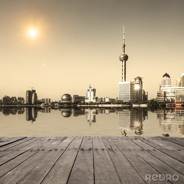 Fotobehang Skyline van de moderne stad in sepia