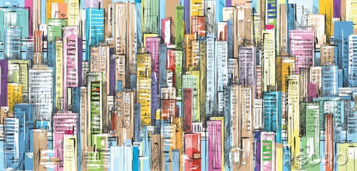 Fotobehang Skyline van de stad geschilderd met kleurpotloden