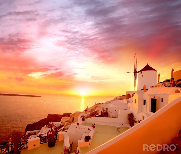 Fotobehang Skyline van de zonsondergang op Santorini