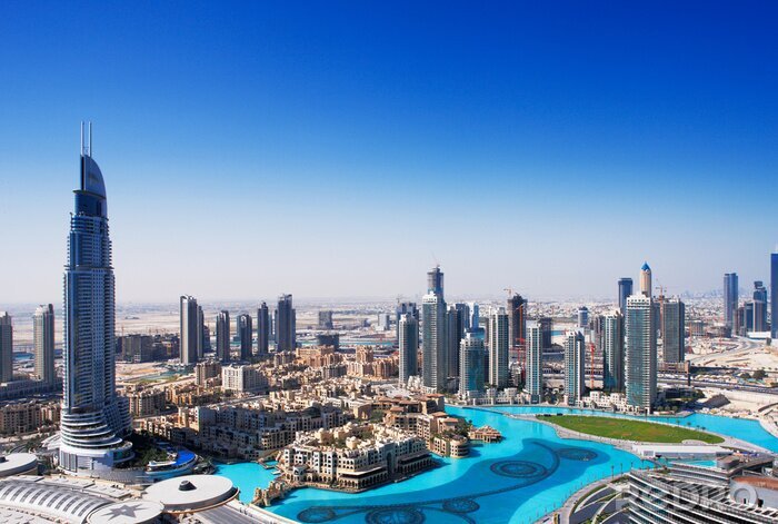 Fotobehang Skyline van Dubai met zwembaden