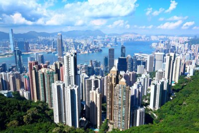 Fotobehang Skyline van Hong Kong stad op een zonnige dag