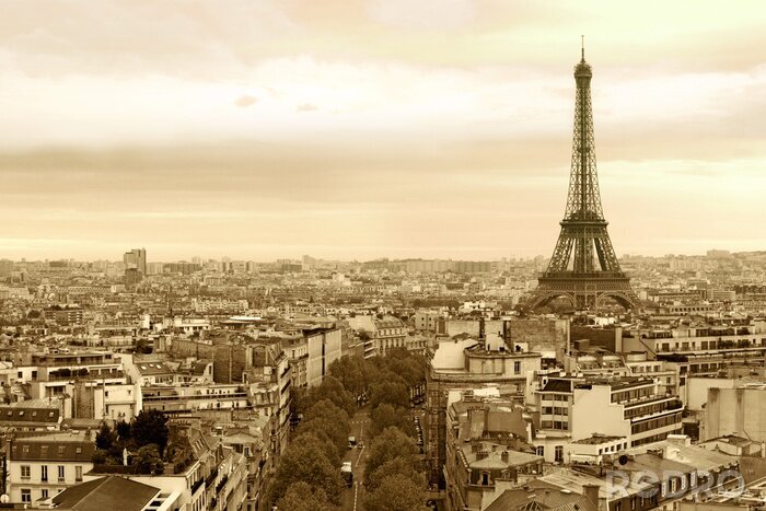 Fotobehang Skyline van Parijs in sepia kleuren