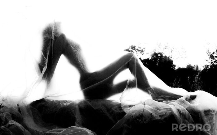 Fotobehang Slender nude girl, covered by a cellophane film, through which only her silhouette is visible and her nakedness is covered, in the ruins of a destroyed building. Conceptual, artistic, creative design.