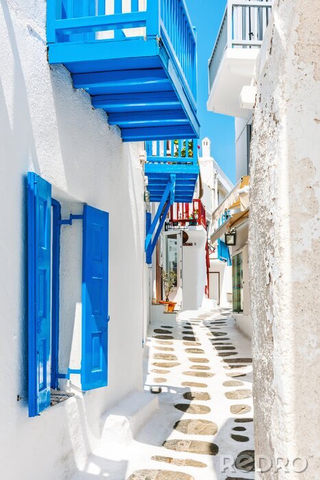 Fotobehang Smalle rijstrook op Mykonos oude stad